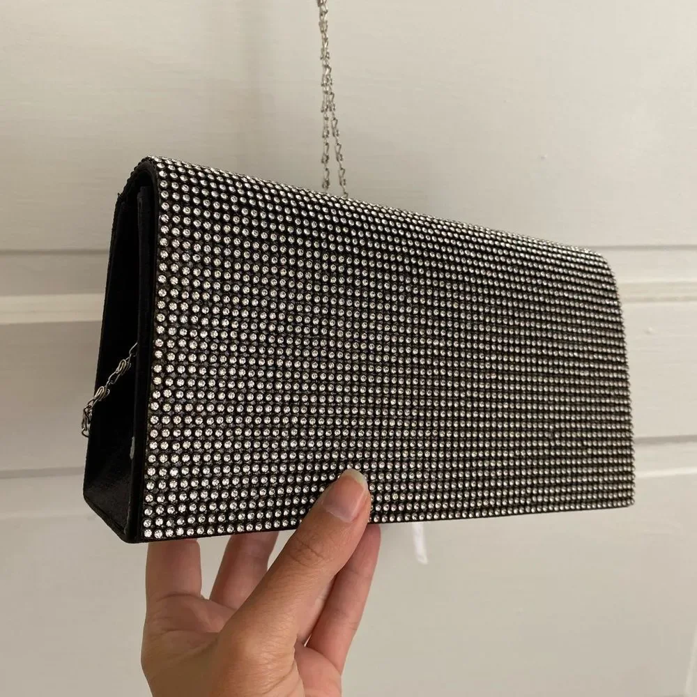 NWT Black and Silver Women's Rhinestone Clutch with Silver Chain Strap